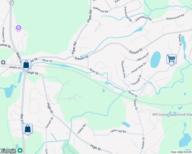 map of restaurants, bars, coffee shops, grocery stores, and more near 91 River Street in Acton