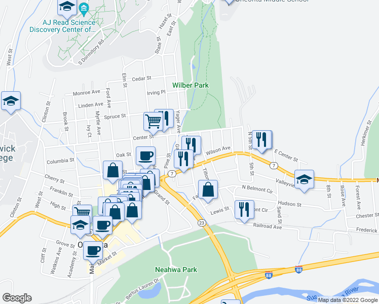 map of restaurants, bars, coffee shops, grocery stores, and more near 11 Walling Avenue in Oneonta