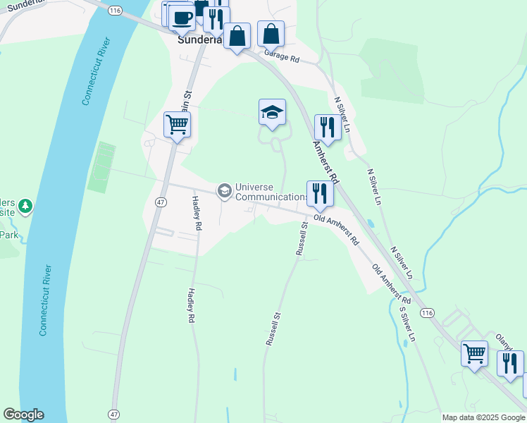 map of restaurants, bars, coffee shops, grocery stores, and more near 67 Old Amherst Road in Sunderland