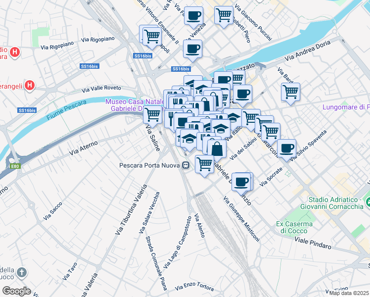 map of restaurants, bars, coffee shops, grocery stores, and more near 26 Ponte Gabriele D'Annunzio in Pescara