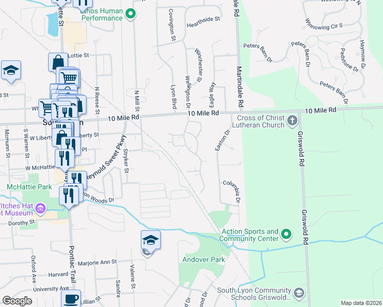 map of restaurants, bars, coffee shops, grocery stores, and more near 200 Brookwood Drive in South Lyon