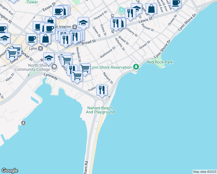 map of restaurants, bars, coffee shops, grocery stores, and more near 143 Nahant Street in Lynn