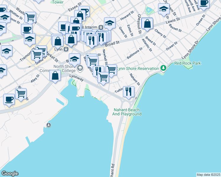 map of restaurants, bars, coffee shops, grocery stores, and more near 99 Newhall Street in Lynn
