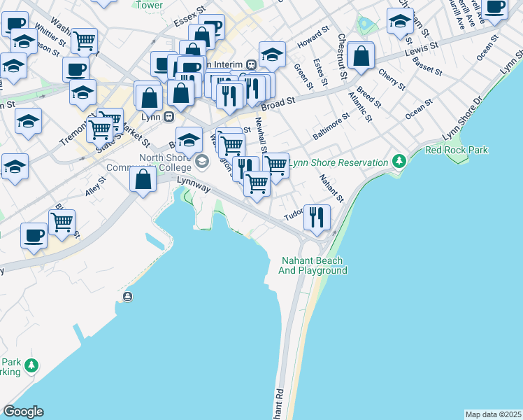 map of restaurants, bars, coffee shops, grocery stores, and more near 99 Newhall Street in Lynn