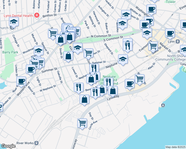 map of restaurants, bars, coffee shops, grocery stores, and more near 43 Neptune Street in Lynn