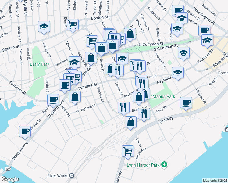 map of restaurants, bars, coffee shops, grocery stores, and more near 23 Lowell Street in Lynn
