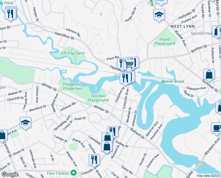 map of restaurants, bars, coffee shops, grocery stores, and more near 19 Atkinson Drive in Saugus
