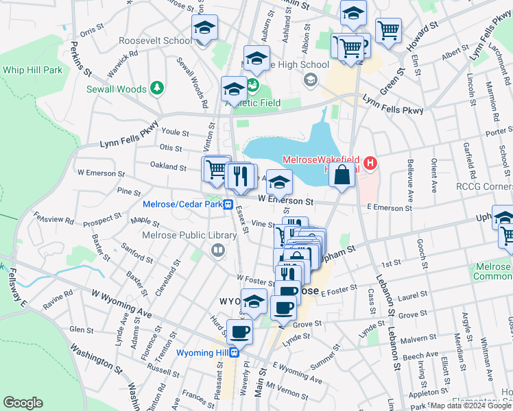map of restaurants, bars, coffee shops, grocery stores, and more near 120 West Emerson Street in Melrose