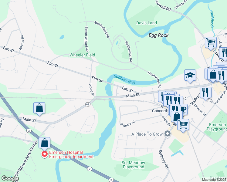 map of restaurants, bars, coffee shops, grocery stores, and more near 35 River Street in Concord