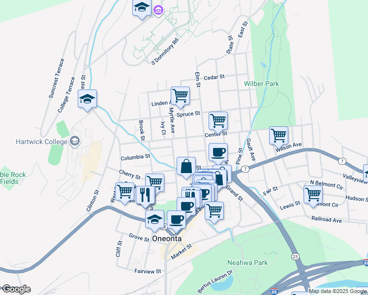 map of restaurants, bars, coffee shops, grocery stores, and more near 80 Dietz Street in Oneonta