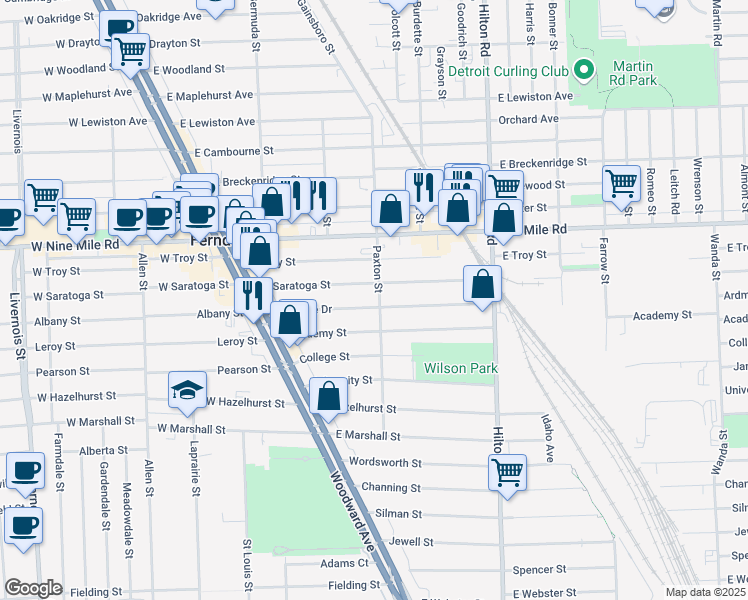 map of restaurants, bars, coffee shops, grocery stores, and more near 444 East Saratoga Street in Ferndale