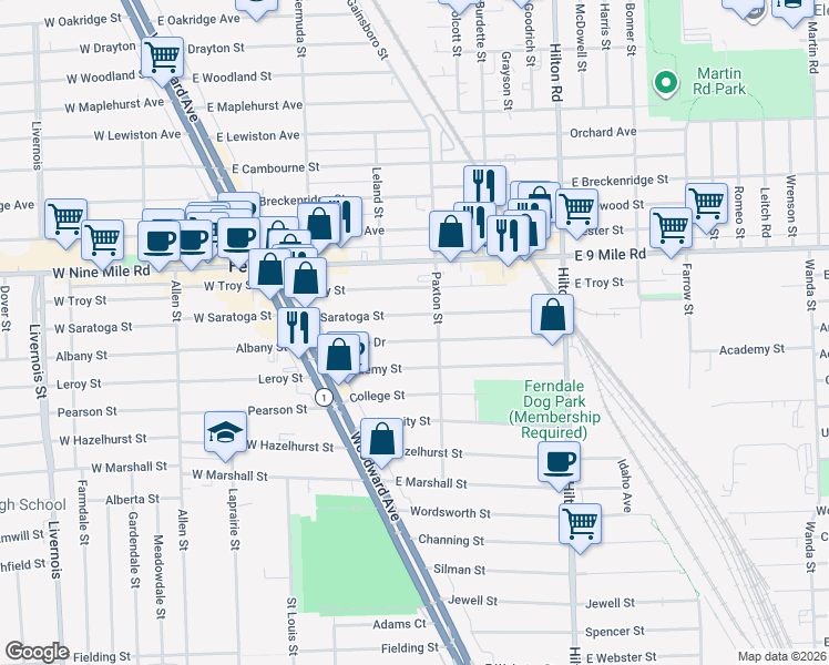 map of restaurants, bars, coffee shops, grocery stores, and more near 444 East Saratoga Street in Ferndale