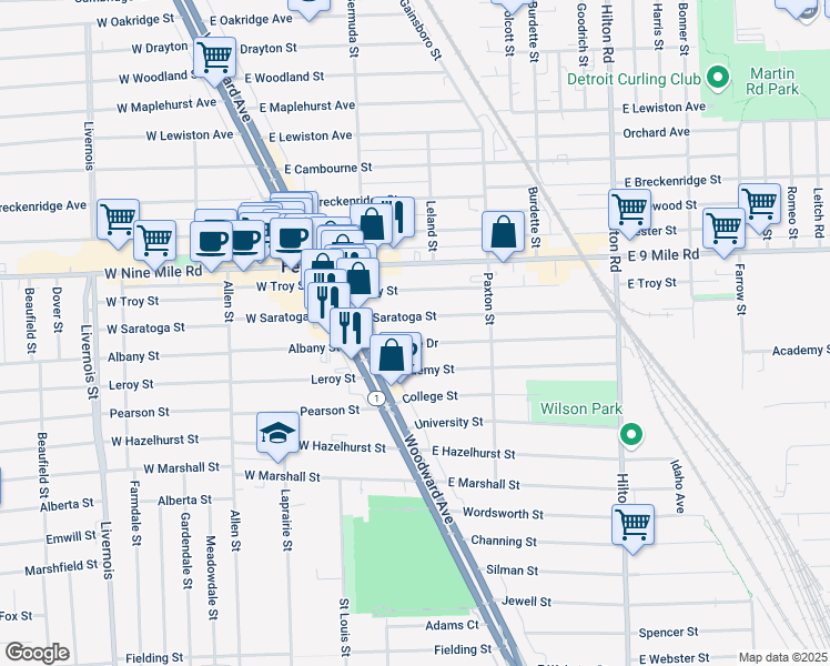 map of restaurants, bars, coffee shops, grocery stores, and more near 254 East Saratoga Street in Ferndale