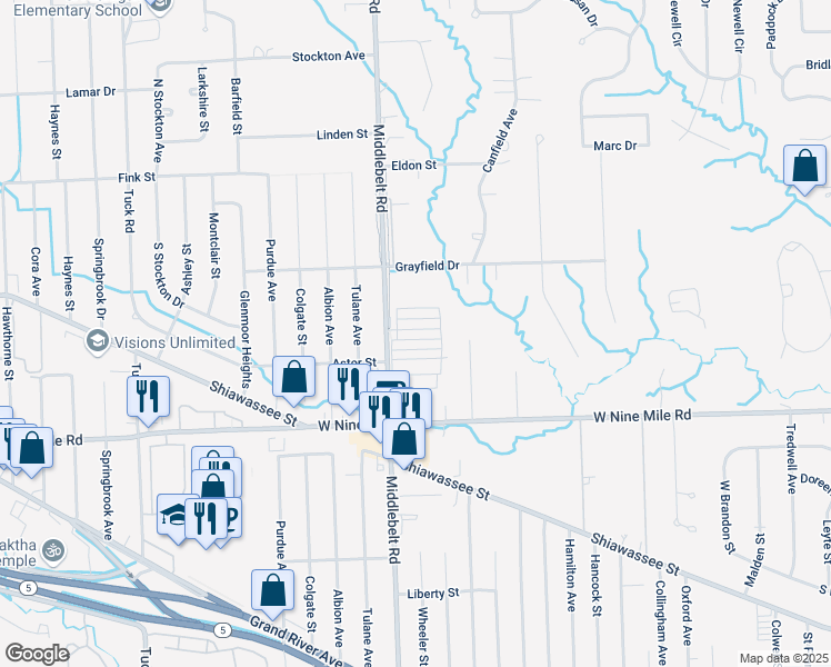 map of restaurants, bars, coffee shops, grocery stores, and more near b21 B Street in Farmington Hills