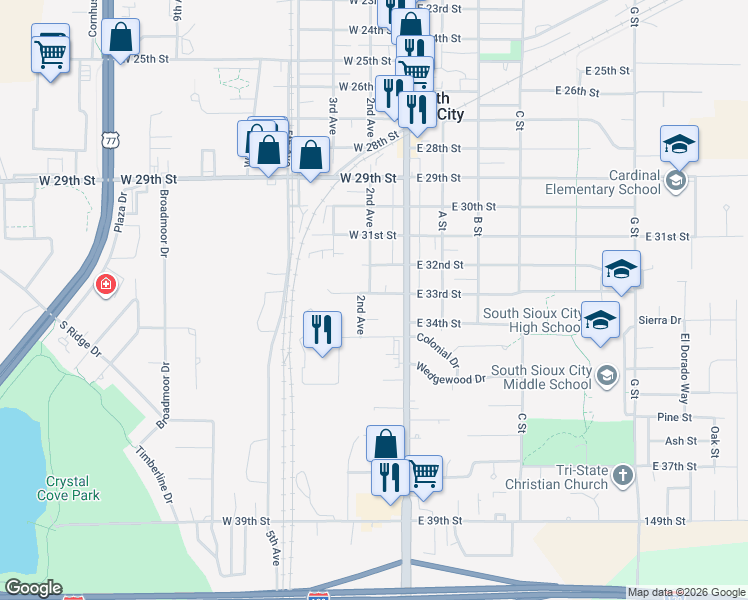 map of restaurants, bars, coffee shops, grocery stores, and more near 301 West 33rd Street in South Sioux City
