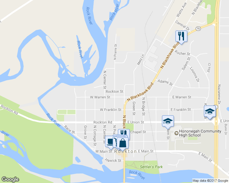 map of restaurants, bars, coffee shops, grocery stores, and more near Rockton Street in Rockton