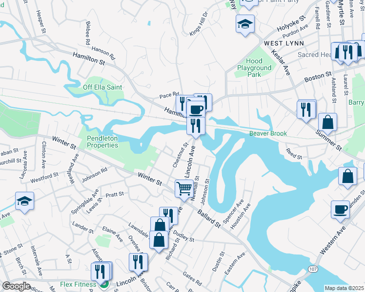 map of restaurants, bars, coffee shops, grocery stores, and more near 47 Chestnut Street in Saugus