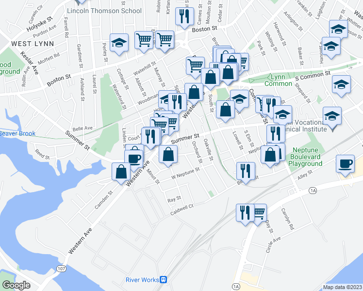 map of restaurants, bars, coffee shops, grocery stores, and more near 8 Princeton Terrace in Lynn