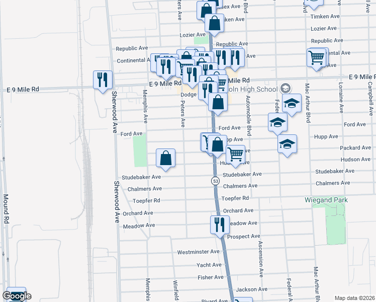 map of restaurants, bars, coffee shops, grocery stores, and more near 22230 Peters Avenue in Warren
