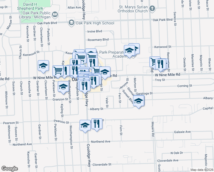 map of restaurants, bars, coffee shops, grocery stores, and more near 13401 West Nine Mile Road in Oak Park
