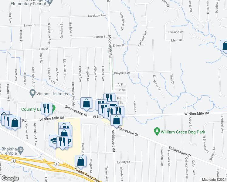 map of restaurants, bars, coffee shops, grocery stores, and more near 22600 C Street in Farmington Hills
