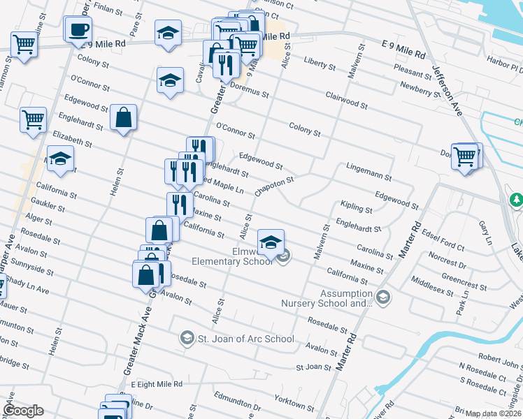 map of restaurants, bars, coffee shops, grocery stores, and more near 22603 Carolina Street in St. Clair Shores