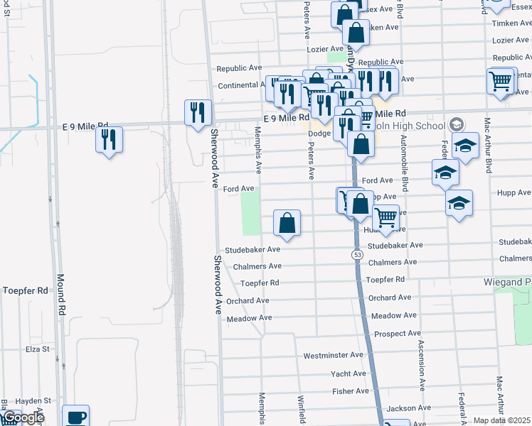 map of restaurants, bars, coffee shops, grocery stores, and more near 7011 Packard Avenue in Warren