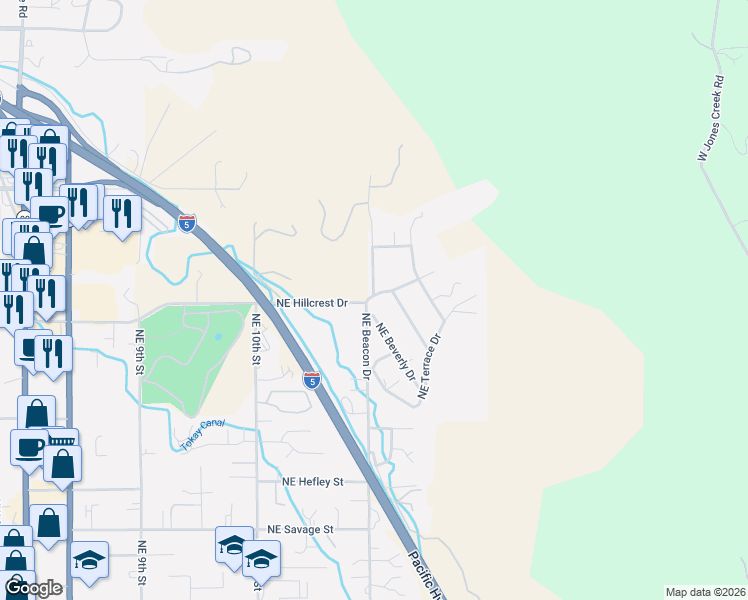 map of restaurants, bars, coffee shops, grocery stores, and more near 1499 Northeast Hillcrest Drive in Grants Pass