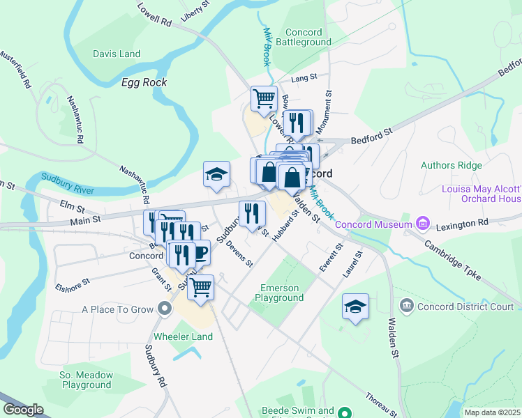 map of restaurants, bars, coffee shops, grocery stores, and more near 1 Sudbury Road in Concord