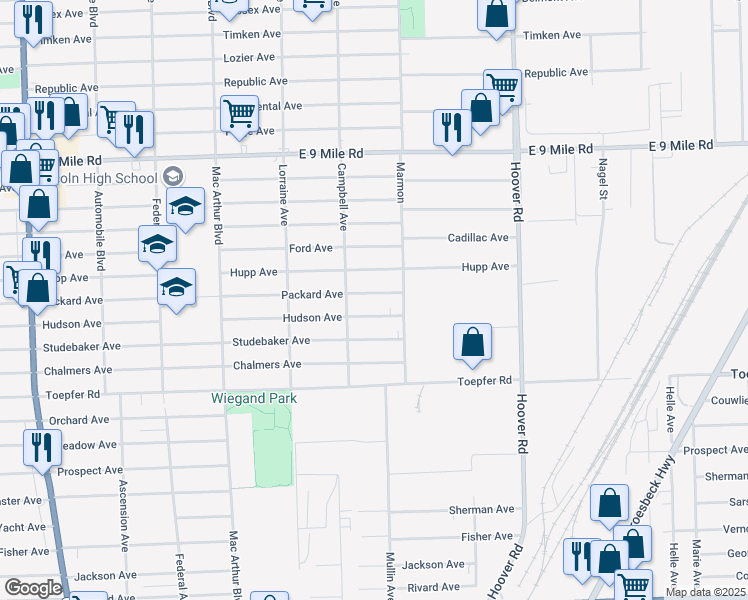 map of restaurants, bars, coffee shops, grocery stores, and more near 11258 Packard Avenue in Warren