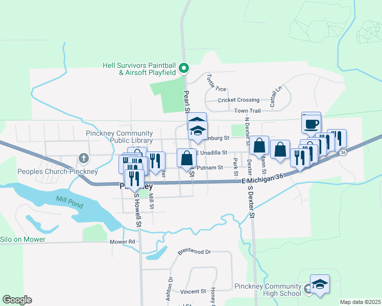 map of restaurants, bars, coffee shops, grocery stores, and more near County Road D19 in Pinckney