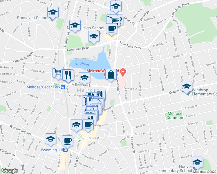 map of restaurants, bars, coffee shops, grocery stores, and more near Main St & W Emerson St in Melrose