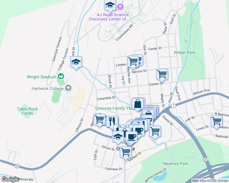 map of restaurants, bars, coffee shops, grocery stores, and more near 65 Church Street in Oneonta
