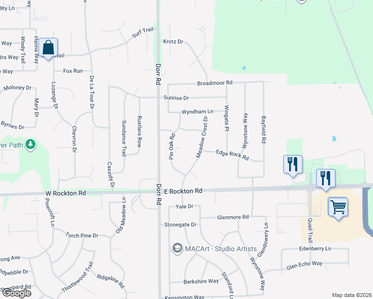 map of restaurants, bars, coffee shops, grocery stores, and more near 1823 Pin Oak Court in Rockton
