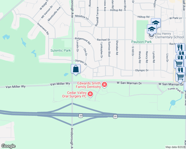 map of restaurants, bars, coffee shops, grocery stores, and more near 1147 Prairie Meadow Court in Waterloo