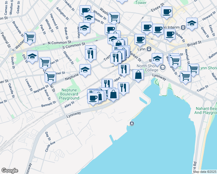 map of restaurants, bars, coffee shops, grocery stores, and more near 150 Blossom Street in Lynn