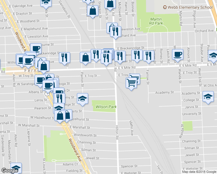 map of restaurants, bars, coffee shops, grocery stores, and more near 609 Ardmore Drive in Ferndale
