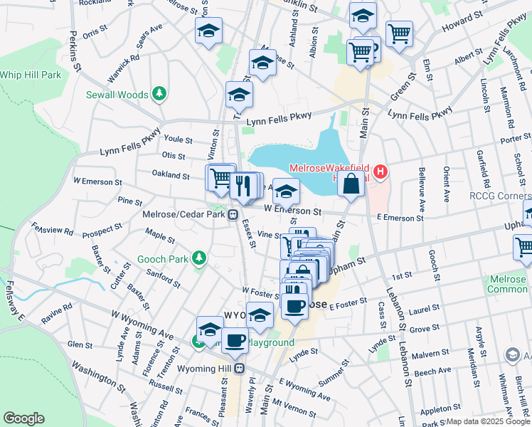 map of restaurants, bars, coffee shops, grocery stores, and more near 104 West Emerson Street in Melrose