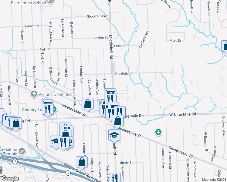 map of restaurants, bars, coffee shops, grocery stores, and more near 22600 C Street in Farmington Hills