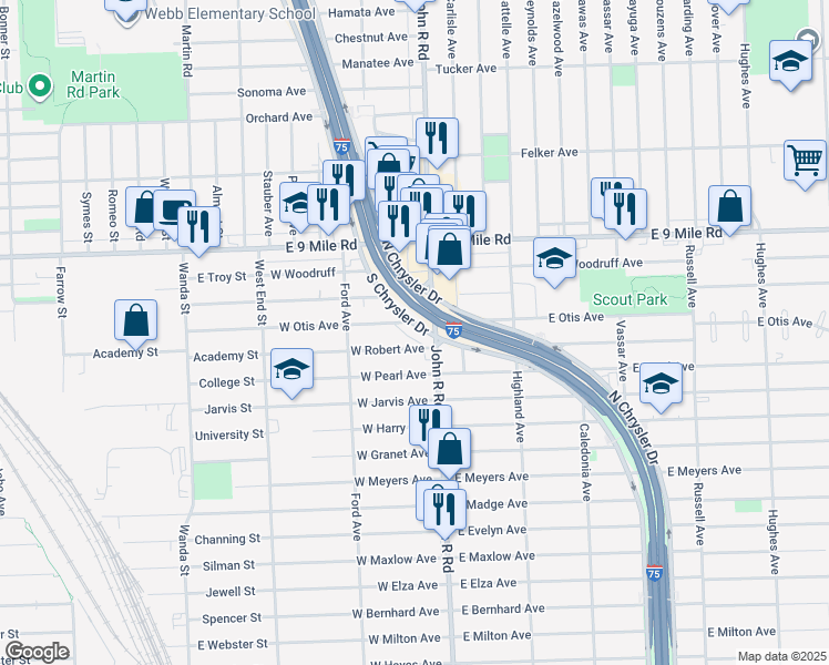 map of restaurants, bars, coffee shops, grocery stores, and more near 22643 South Chrysler Drive in Hazel Park