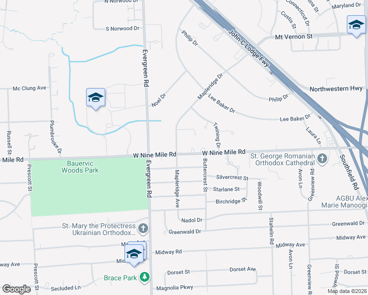 map of restaurants, bars, coffee shops, grocery stores, and more near 19646 West Nine Mile Road in Southfield