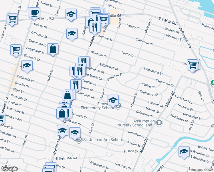 map of restaurants, bars, coffee shops, grocery stores, and more near 22603 Carolina Street in St. Clair Shores