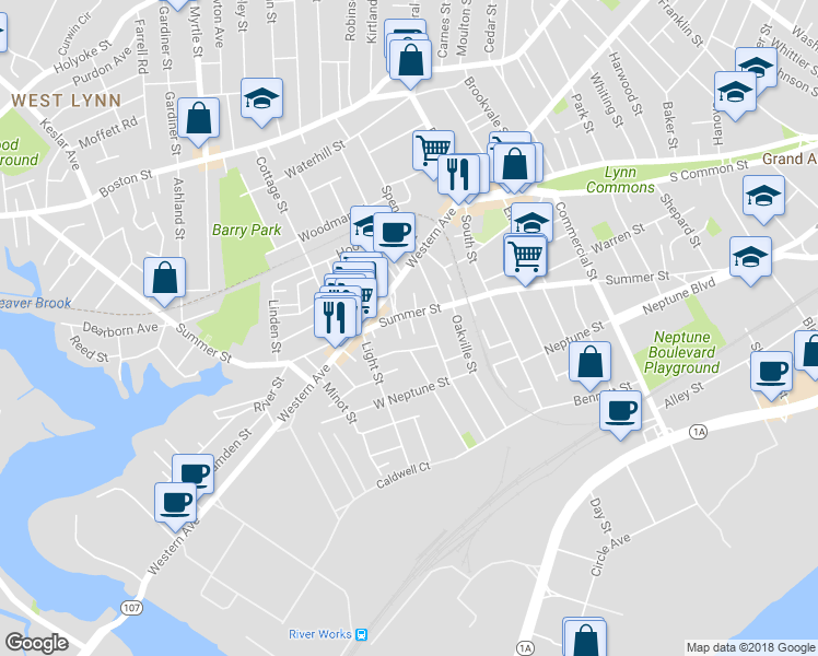 map of restaurants, bars, coffee shops, grocery stores, and more near 510 Summer Street in Lynn
