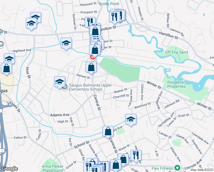 map of restaurants, bars, coffee shops, grocery stores, and more near 10 Stevens Avenue in Saugus