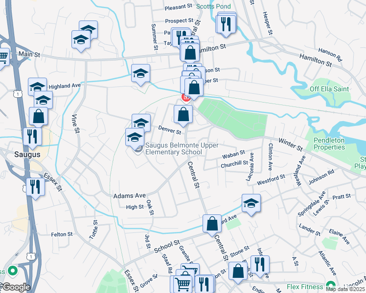 map of restaurants, bars, coffee shops, grocery stores, and more near 381 Central Street in Saugus