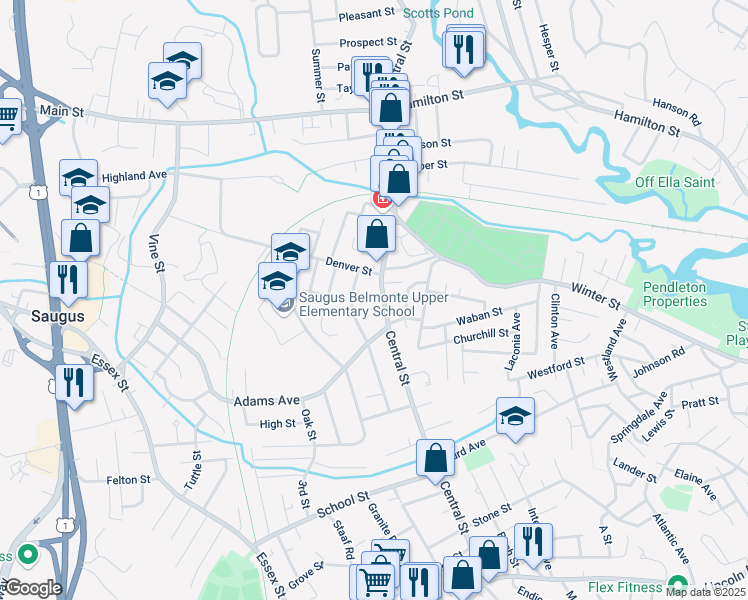 map of restaurants, bars, coffee shops, grocery stores, and more near 381 Central Street in Saugus