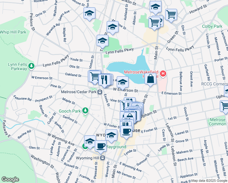 map of restaurants, bars, coffee shops, grocery stores, and more near 120 West Emerson Street in Melrose
