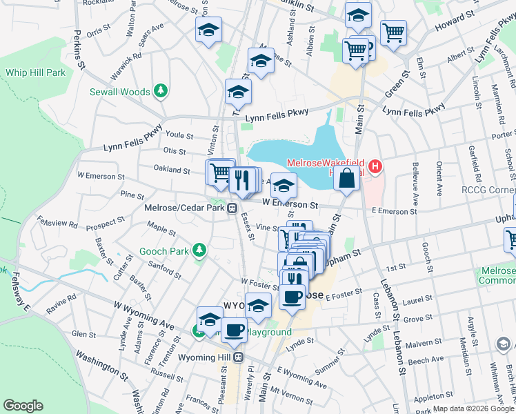 map of restaurants, bars, coffee shops, grocery stores, and more near 120 West Emerson Street in Melrose