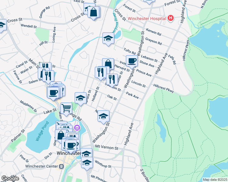 map of restaurants, bars, coffee shops, grocery stores, and more near 11 Swanton Street in Winchester
