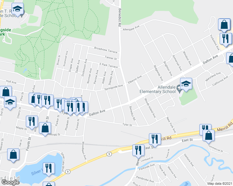 map of restaurants, bars, coffee shops, grocery stores, and more near 81 Dartmouth Street in Pittsfield